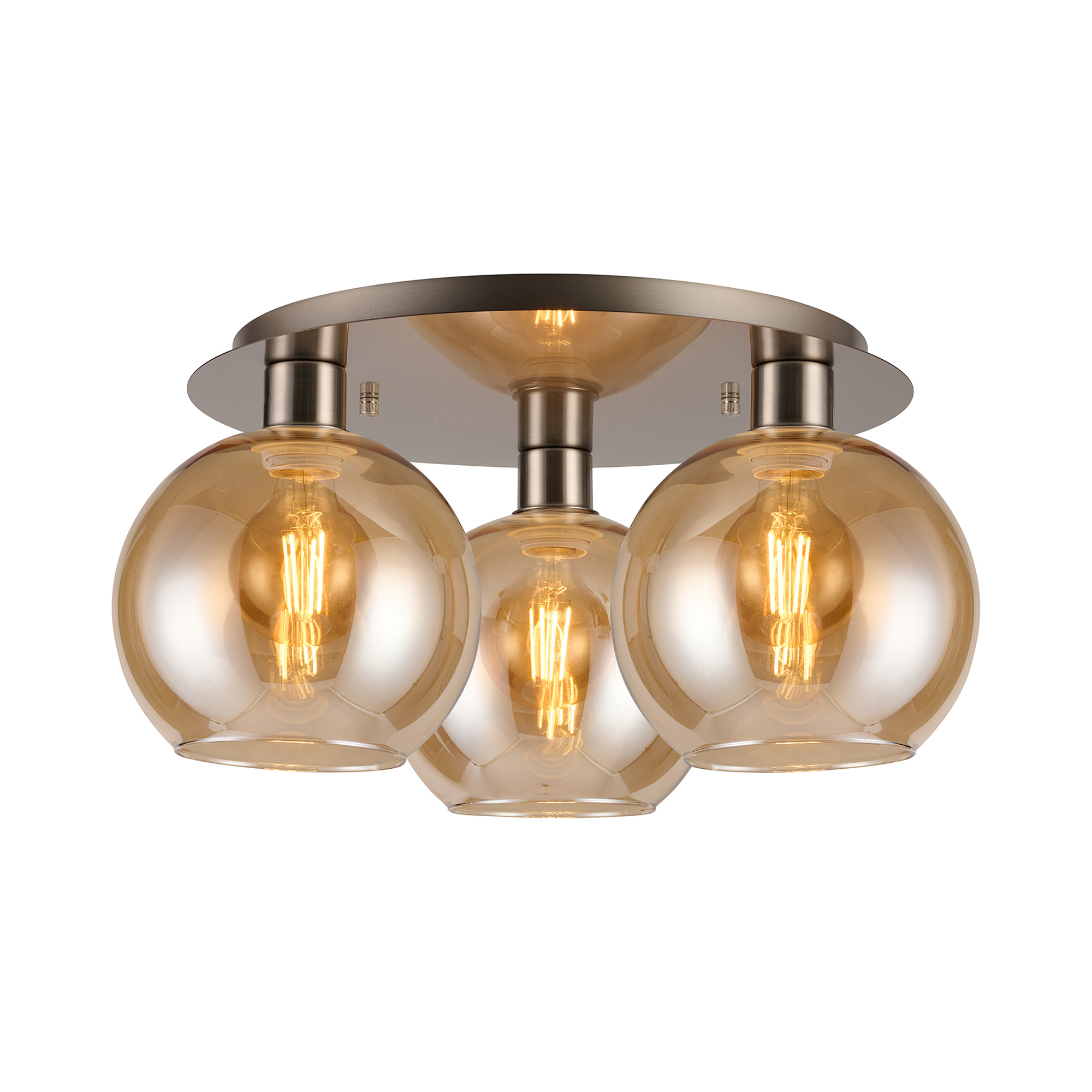 DK1427  Lori 40cm Round Ceiling Flush, 3 Light Flush Fitting, Satin Nickel/Amber Open Mouth Round Globe Shades
